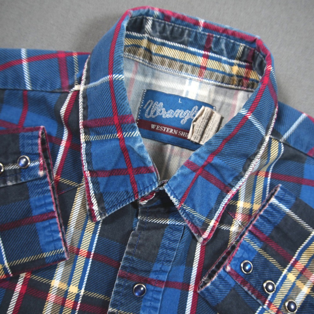 VTG Wrangler Western Cowboy Rodeo Ranch Country Plaid Pearl Snap Men Shirt L